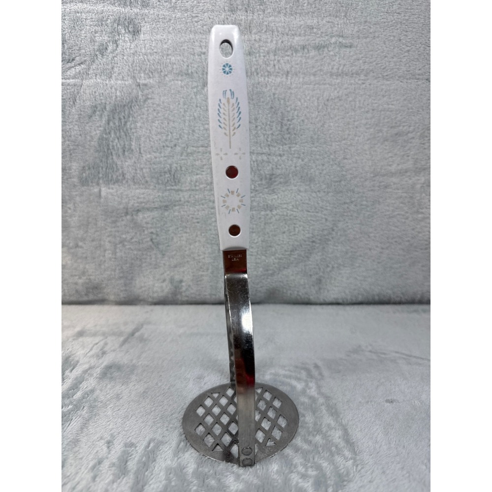 Vintage Stainless USA Potato Masher Blue Cornflower White Handle Retro Kitchen